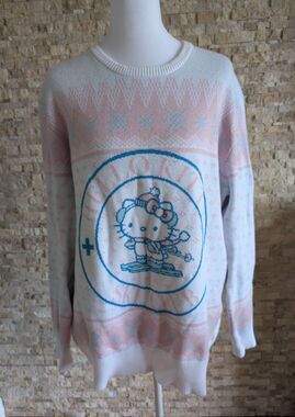 Bioworld Hello Kitty Ski Club Knit Sweater Pastel Pink Blue Fair Isle Size L